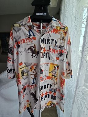 Men's Casual Button-Down Shirt in White with Multicolor Graphic Print